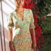 Koko Dress Long Open Back Short Sleeves - Green Flower