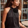 Rosette Crinkle Sateen Top - Black