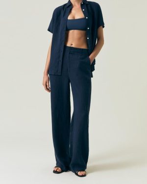 High Waist Wide-Leg Linen Pant Dark Blue
