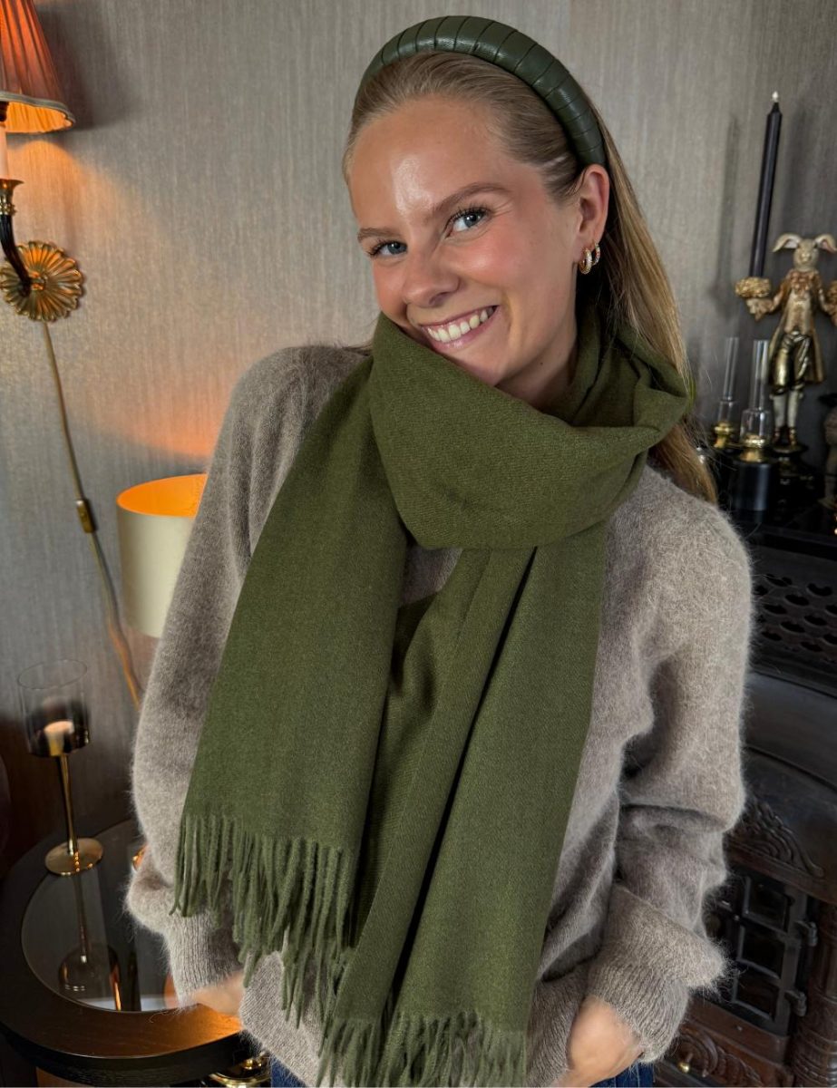 Skjerf m.frynser Ull/Cashmere - Oliven