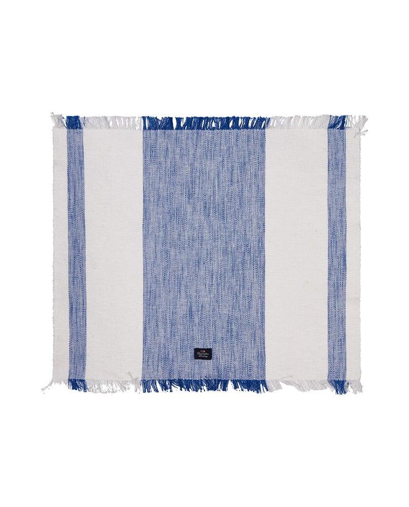 Striped Organic Cotton Placemat With Fringers - Blue / White