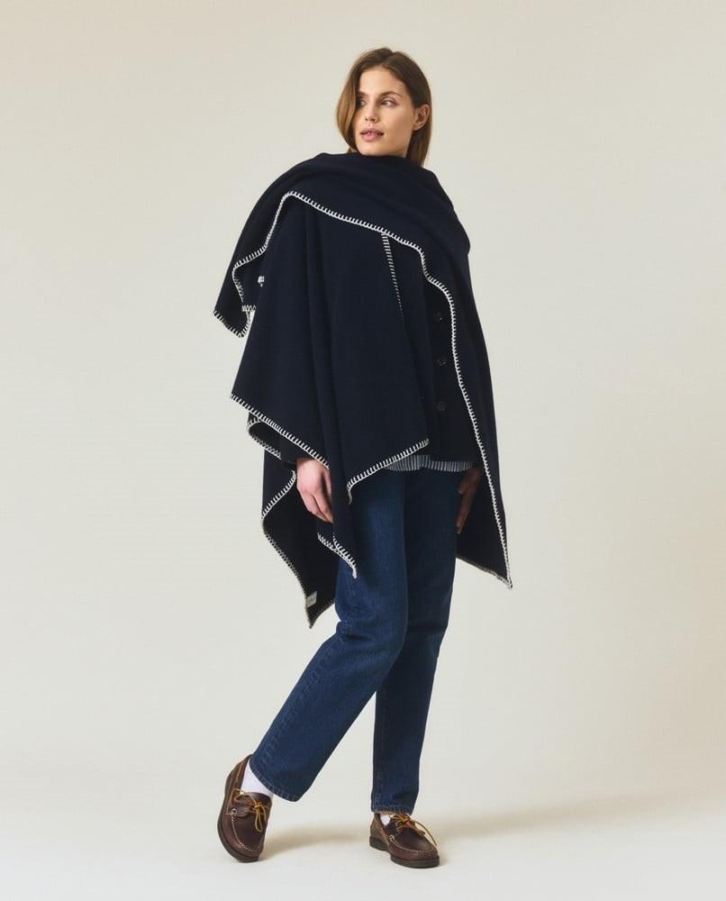 Wool Blend Poncho - Dark Blue