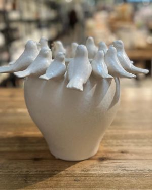 Ceramic vase with birds off white d32,h25cm