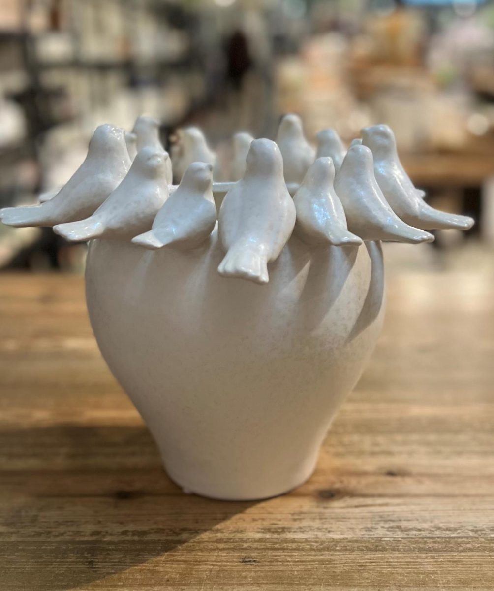 Ceramic vase with birds off white d32,h25cm