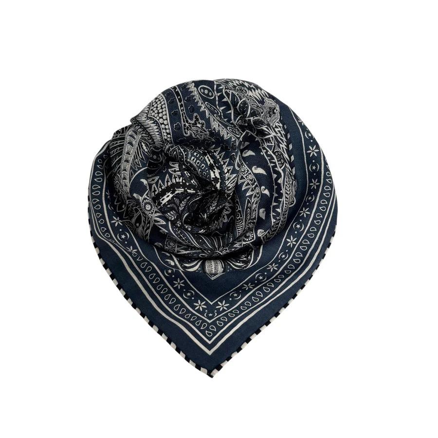 Skjerf m.håndsydde kanter ull/silke - dyp blå/creme/sort