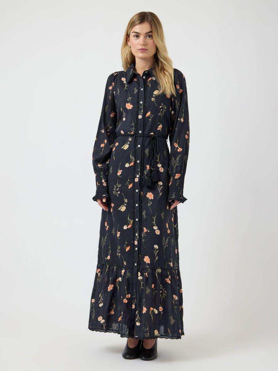 Yasomelli Long Shirt Dress Black Flower Print
