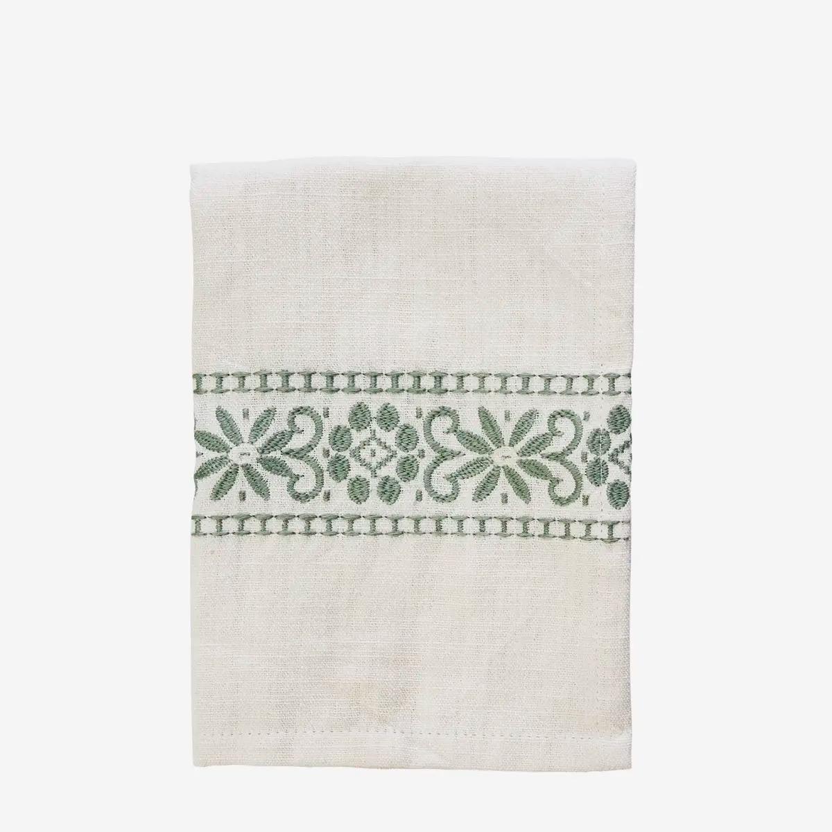 Embroidered kitchen towel offwhite sage