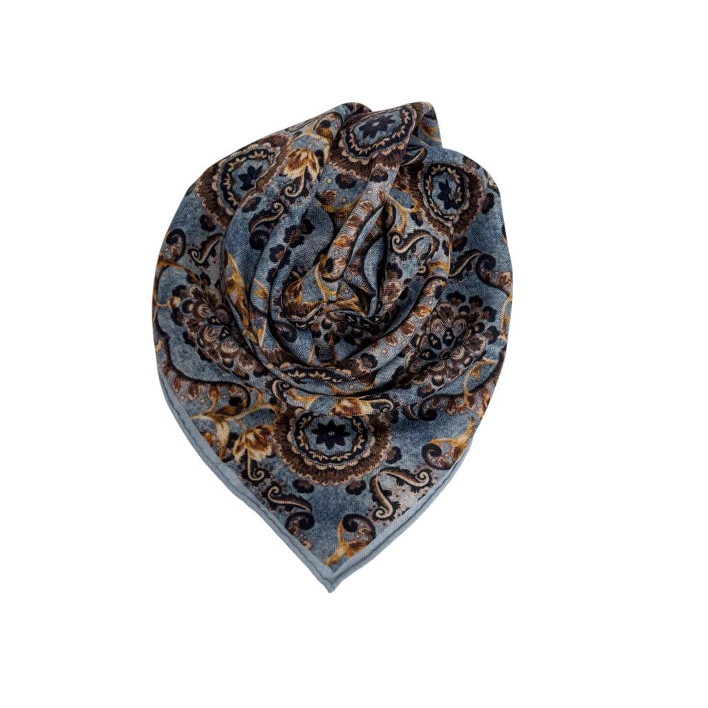 Skjerf m.håndsydde kanter ull/silke - Jeansblå/brun/oransje