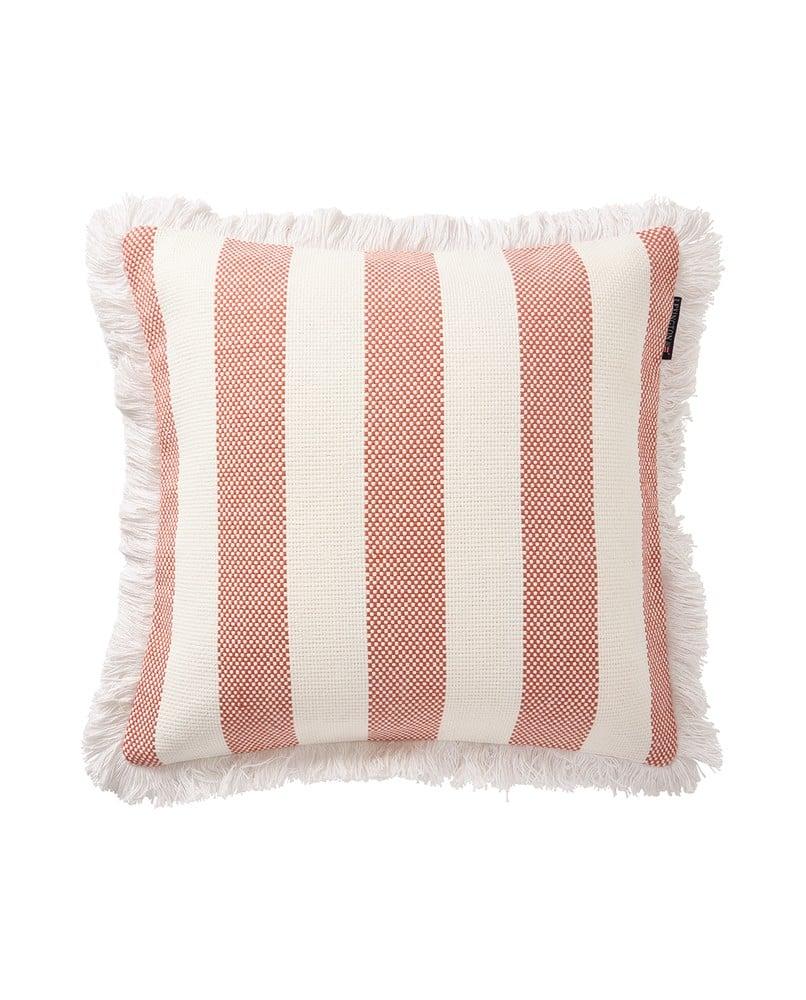Block Striped Organic Cotton Fringe Pillow Cover - Blue / White