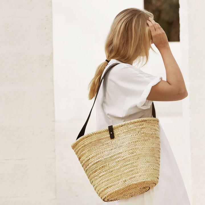 Bag straw / leather 50 cm black