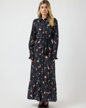 Yasomelli Long Shirt Dress Black Flower Print