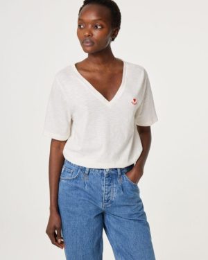 Phil V-Neck T-Shirt Cosy White/Red