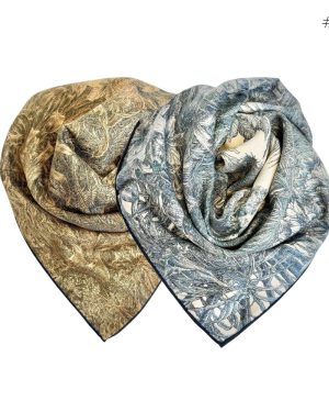 Skjerf I Ull/Silke M. Håndsydde Kanter Grønn/Beige/Navy