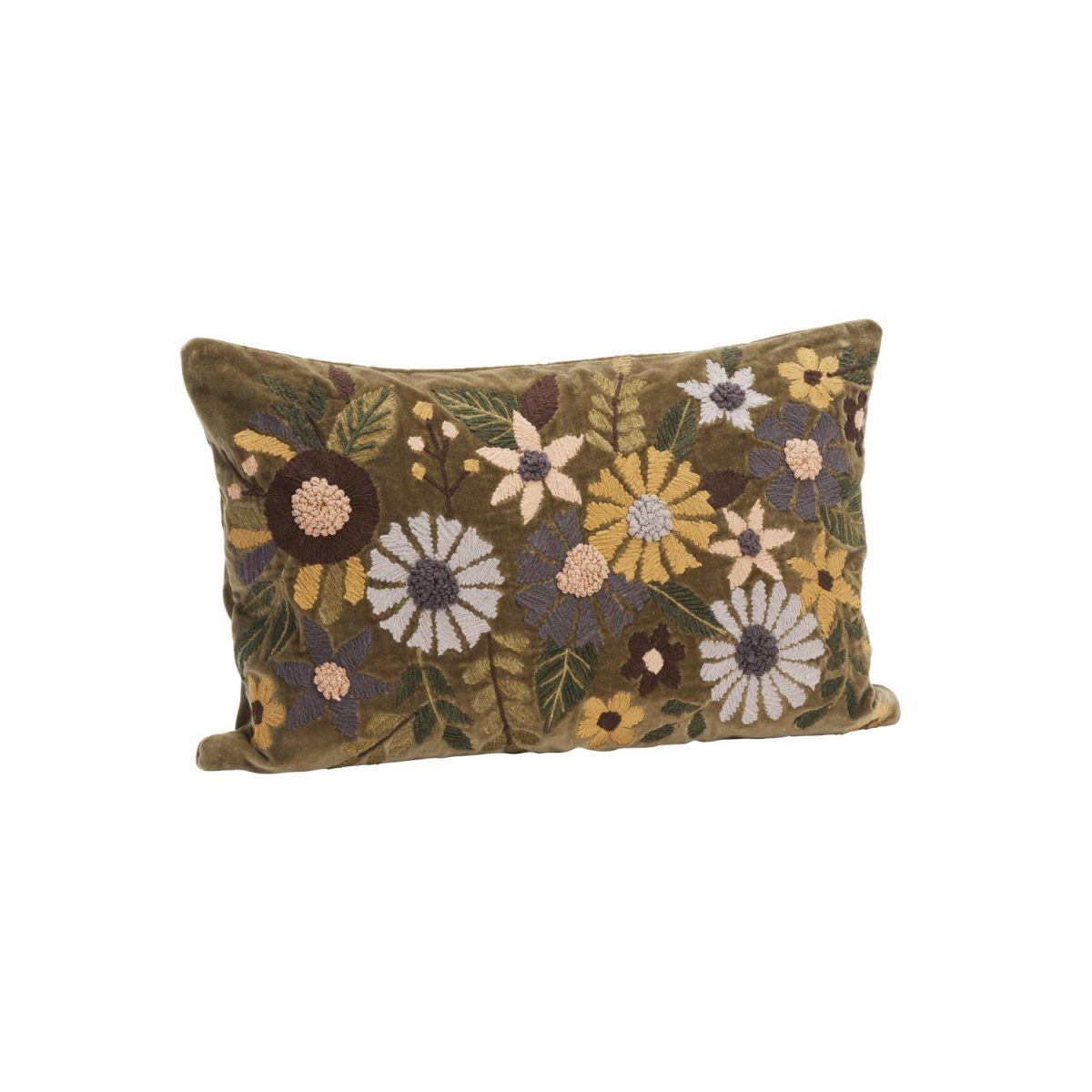 Embroidered velvet cushion cover green, multi coloured